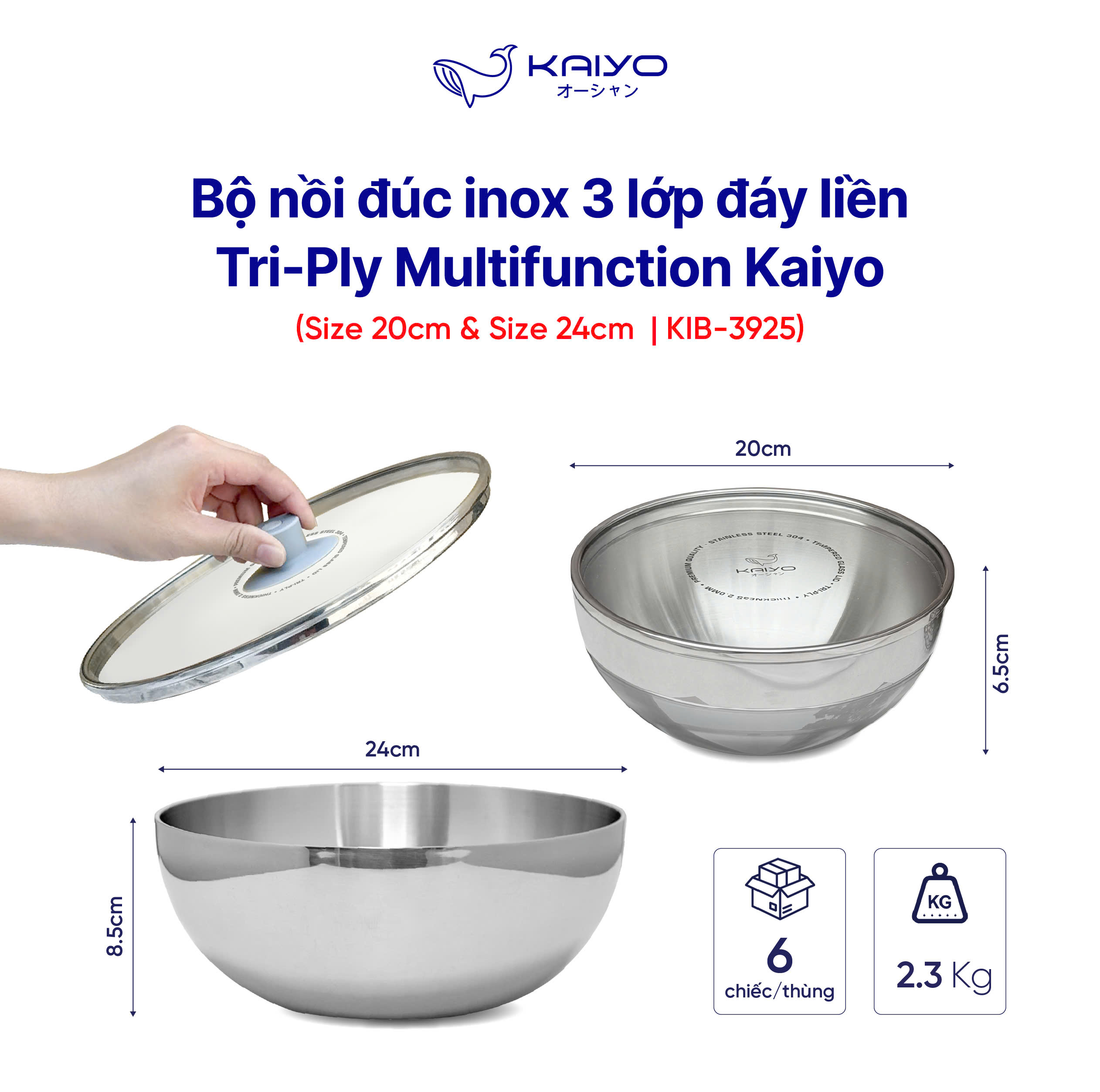 Bộ 2 nồi inox đa năng kiêm âu đựng thực phẩm Kaiyo- dáng tron size 20,24cm KIB-3925