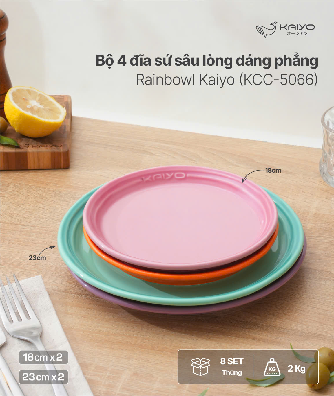 Bộ 4 đĩa sứ sâu lòng dáng phẳng Rainbowl Kaiyo, size 18cm +23cm KCC-5066