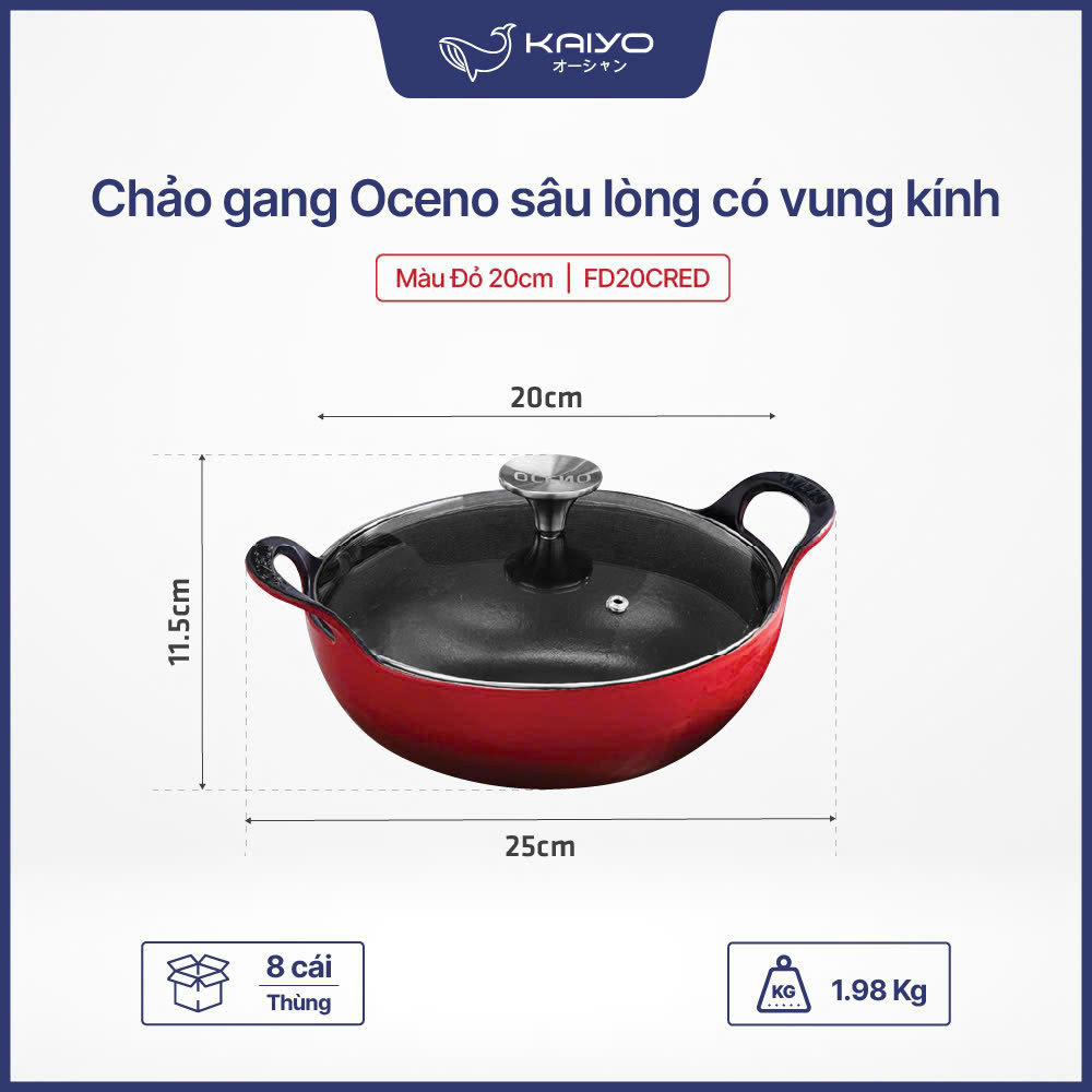 Chảo gang Oceno sâu lòng có vung kính màu đỏ 20cm FD20CRED
