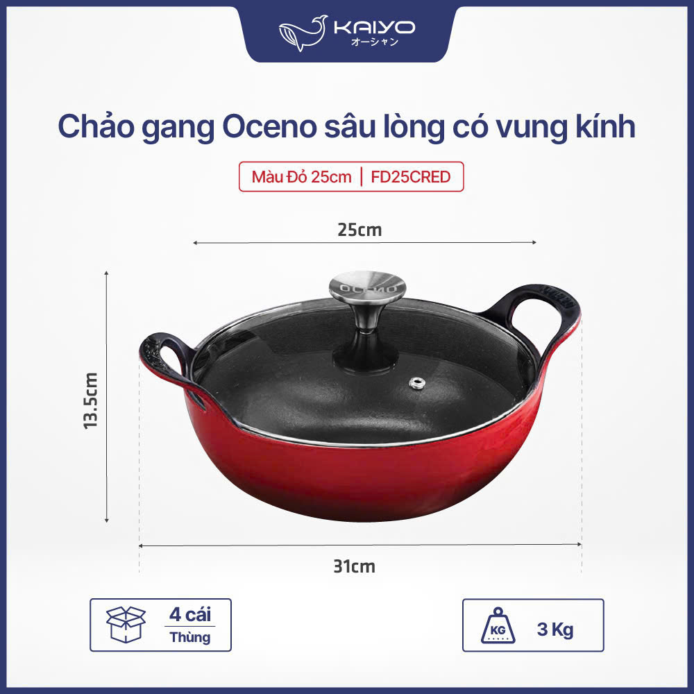 Chảo gang Oceno sâu lòng có vung kính màu đỏ 25cm FD25CRED