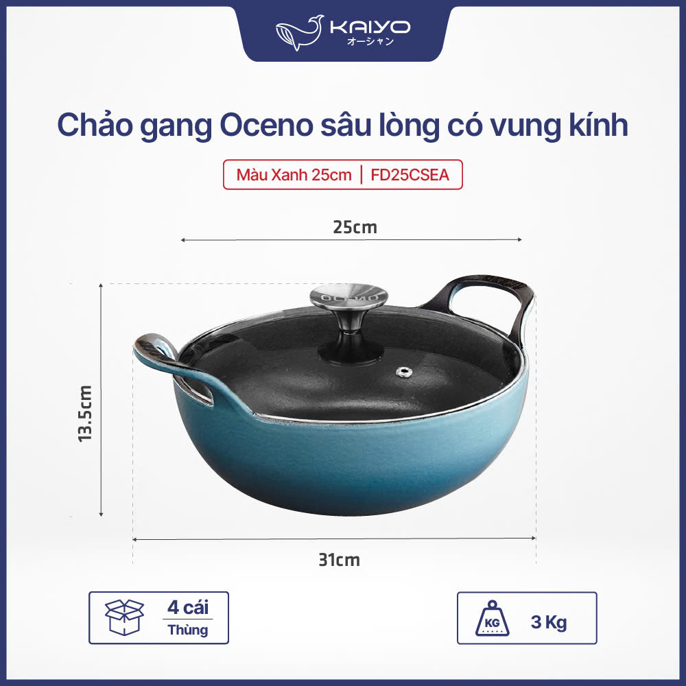 Chảo gang Oceno sâu lòng có vung kính màu xanh 25cm FD25CBLUE