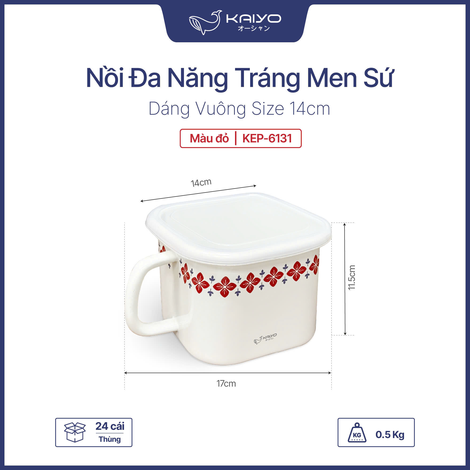 Nồi đa năng trắng men sứ dáng tròn KAIYO size 14cm, hoa đỏ KEP-6131