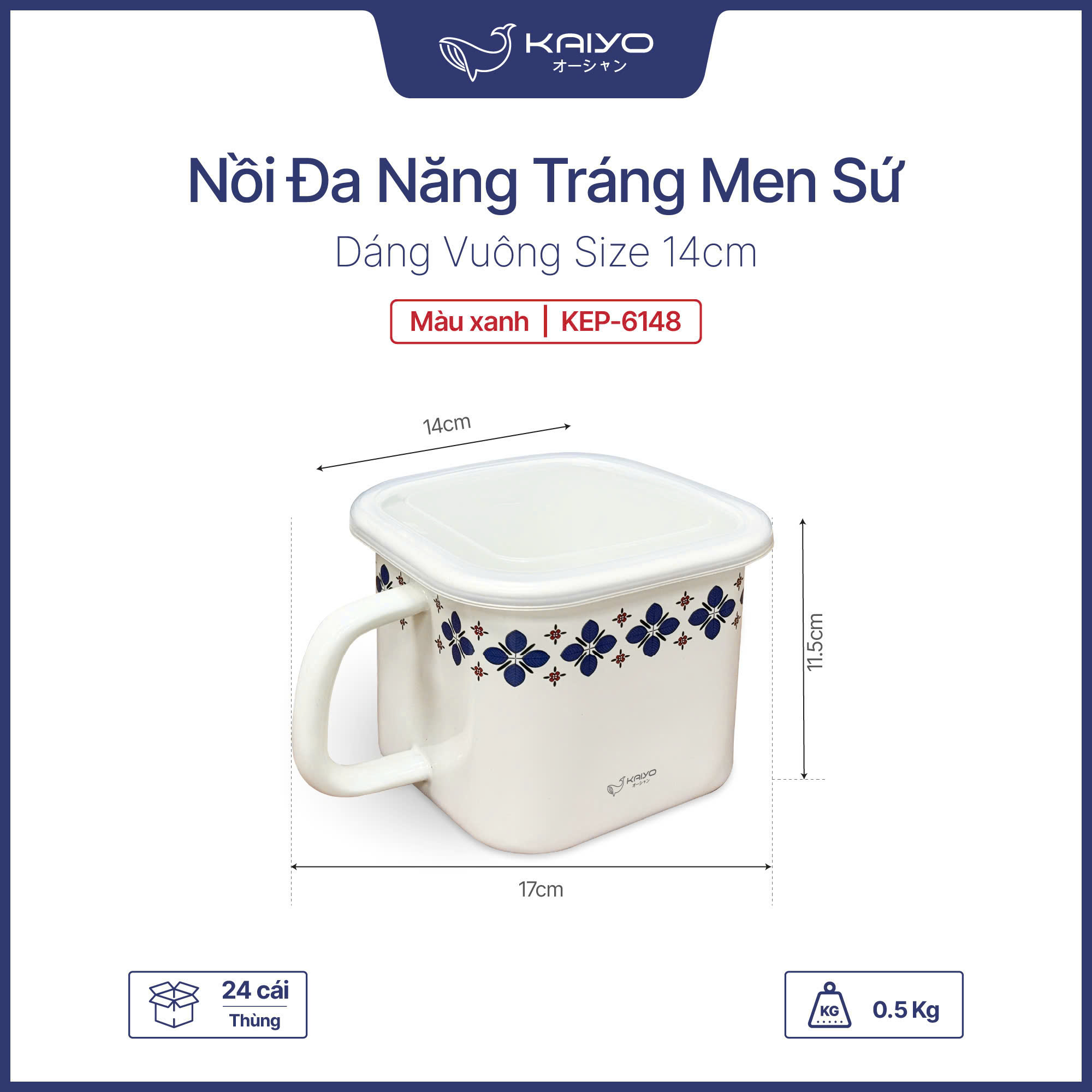 Nồi đa năng trắng men sứ dáng tròn KAIYO size 14cm, hoa xanh KEP-6148