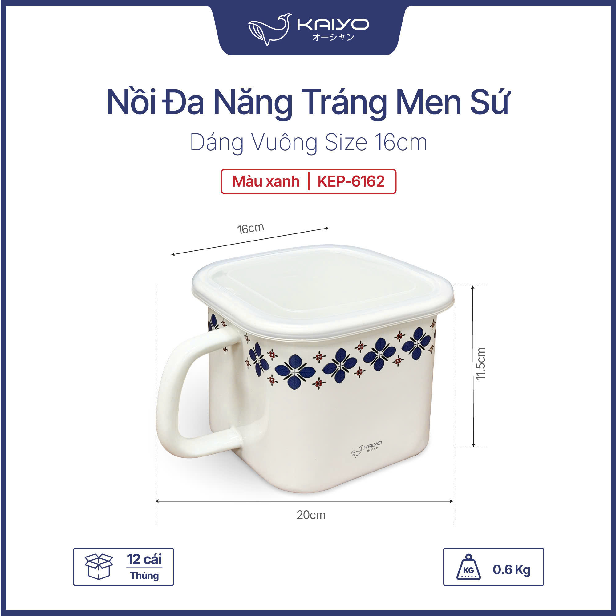 Nồi đa năng trắng men sứ dáng vuông KAIYO size 16cm, hoa xanh KEP-6162