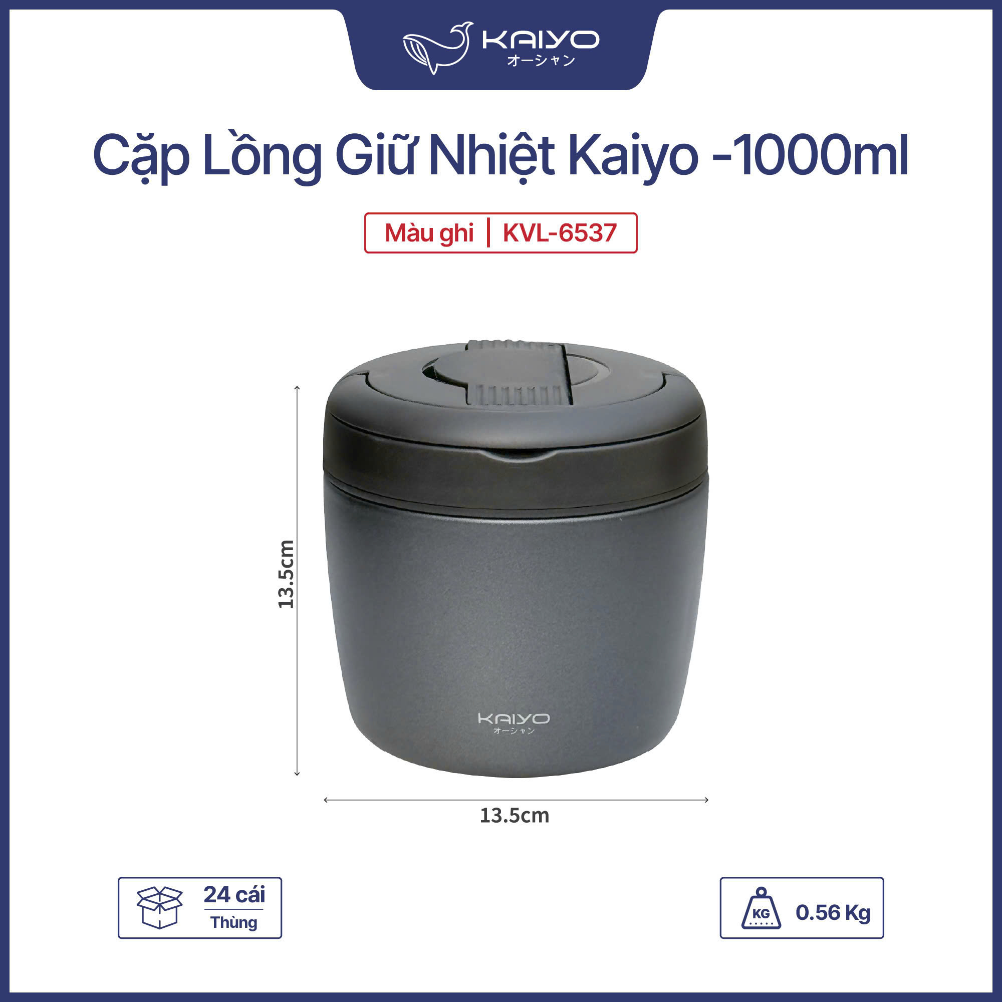 Cặp lồng giữ nhiệt Kaiyo KVL-6537, 1000ml, màu ghi
