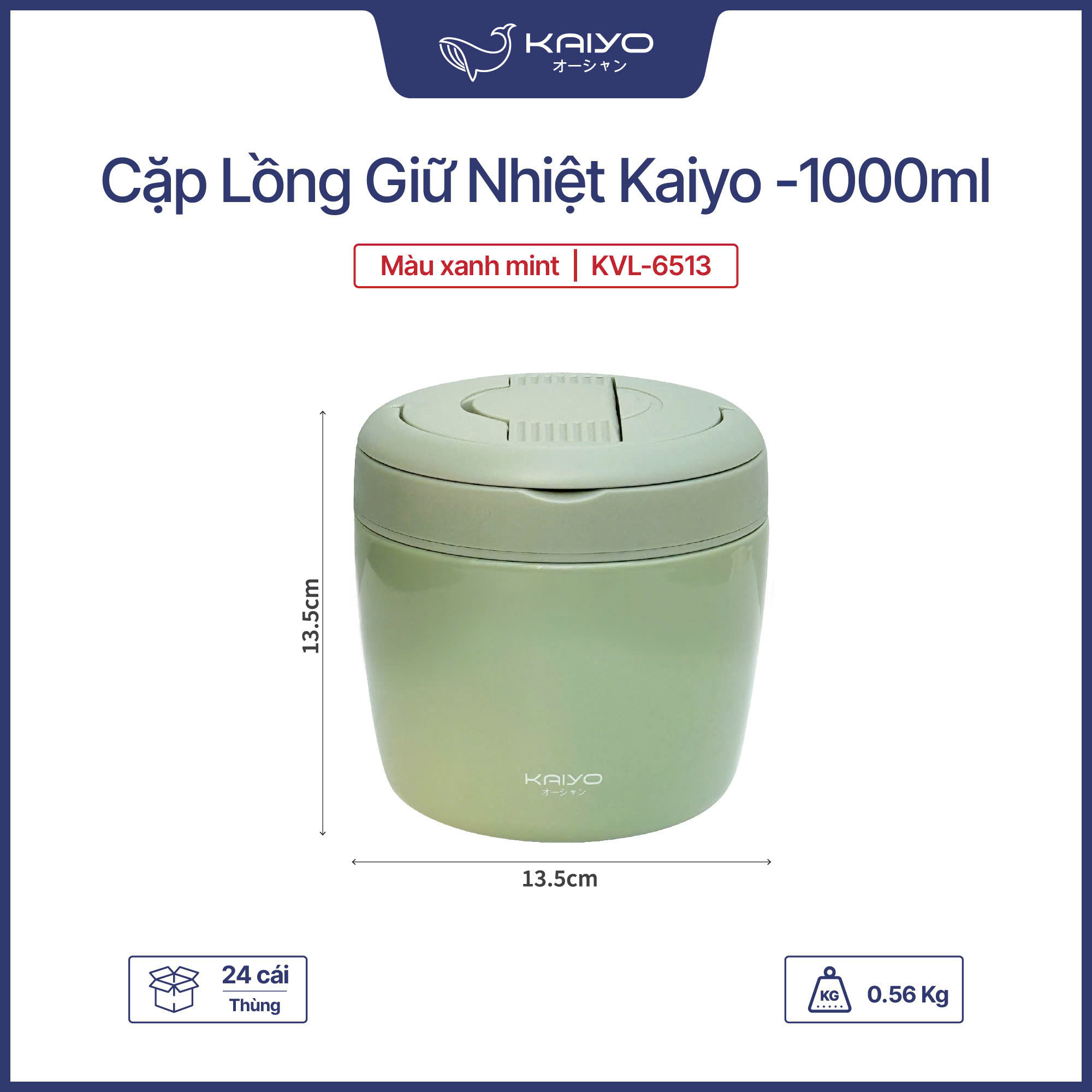 Cặp lồng giữ nhiệt Kaiyo KVL-6513, 1000ml, màu mint