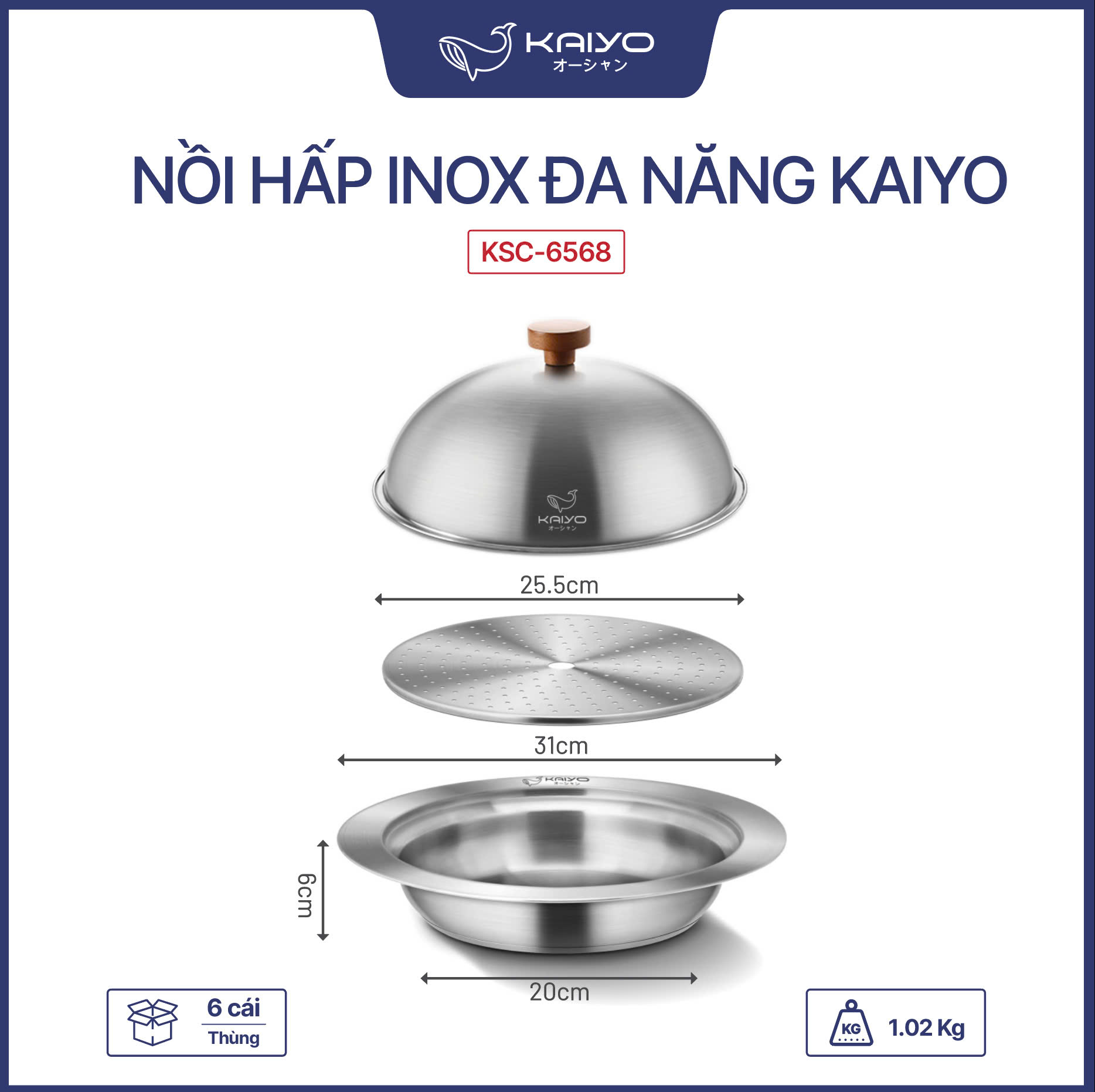 Nồi hấp inox đa năng Kaiyo, size 25cm KSC-6568