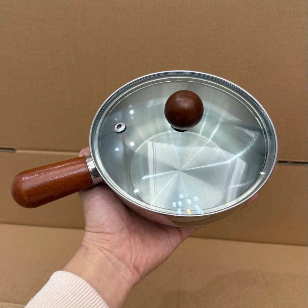 quánh inox 304 có vung kính Size 14cm