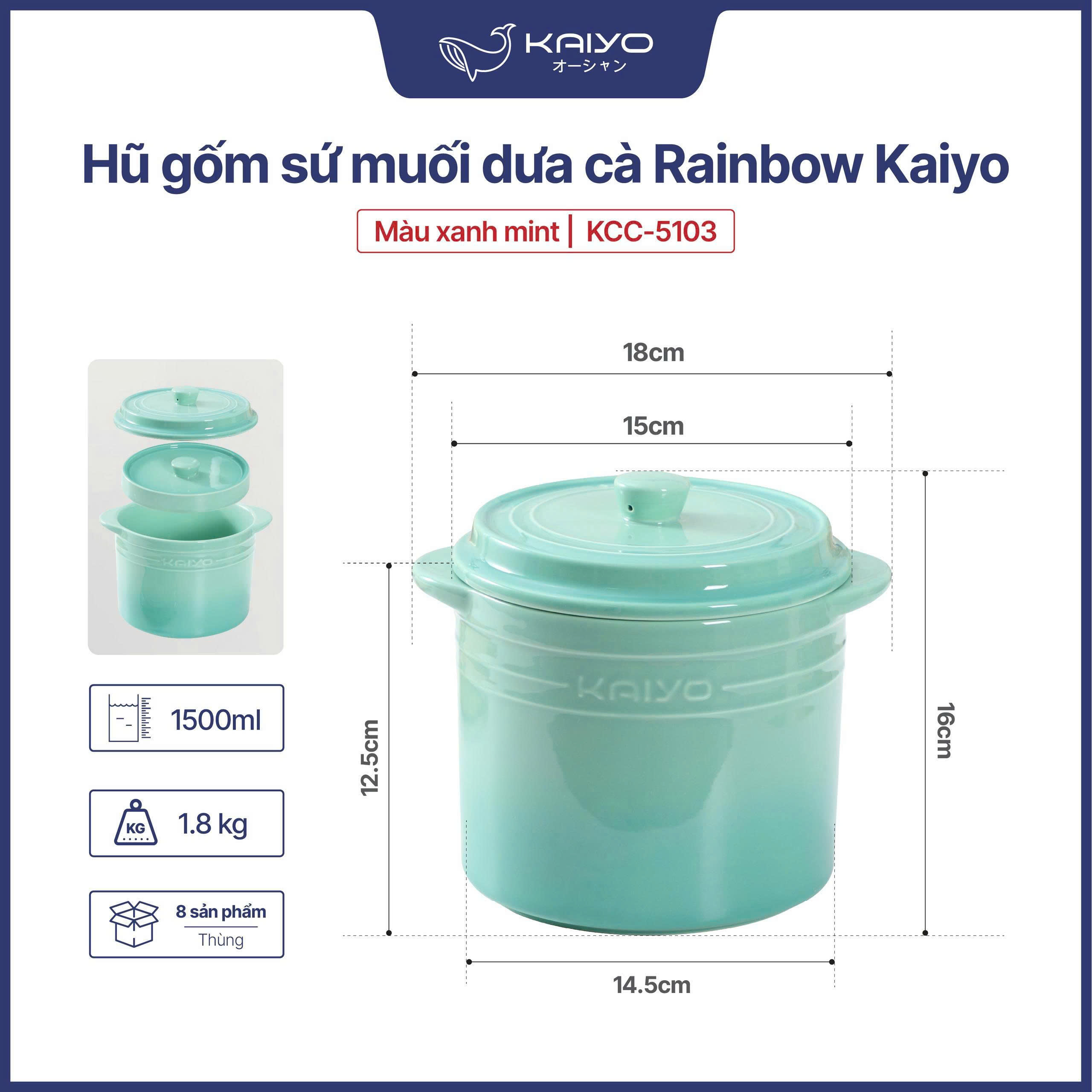 Hũ gốm sứ muối dưa cà Rainbow Kaiyo, 1.5L màu xanh KCC-5103