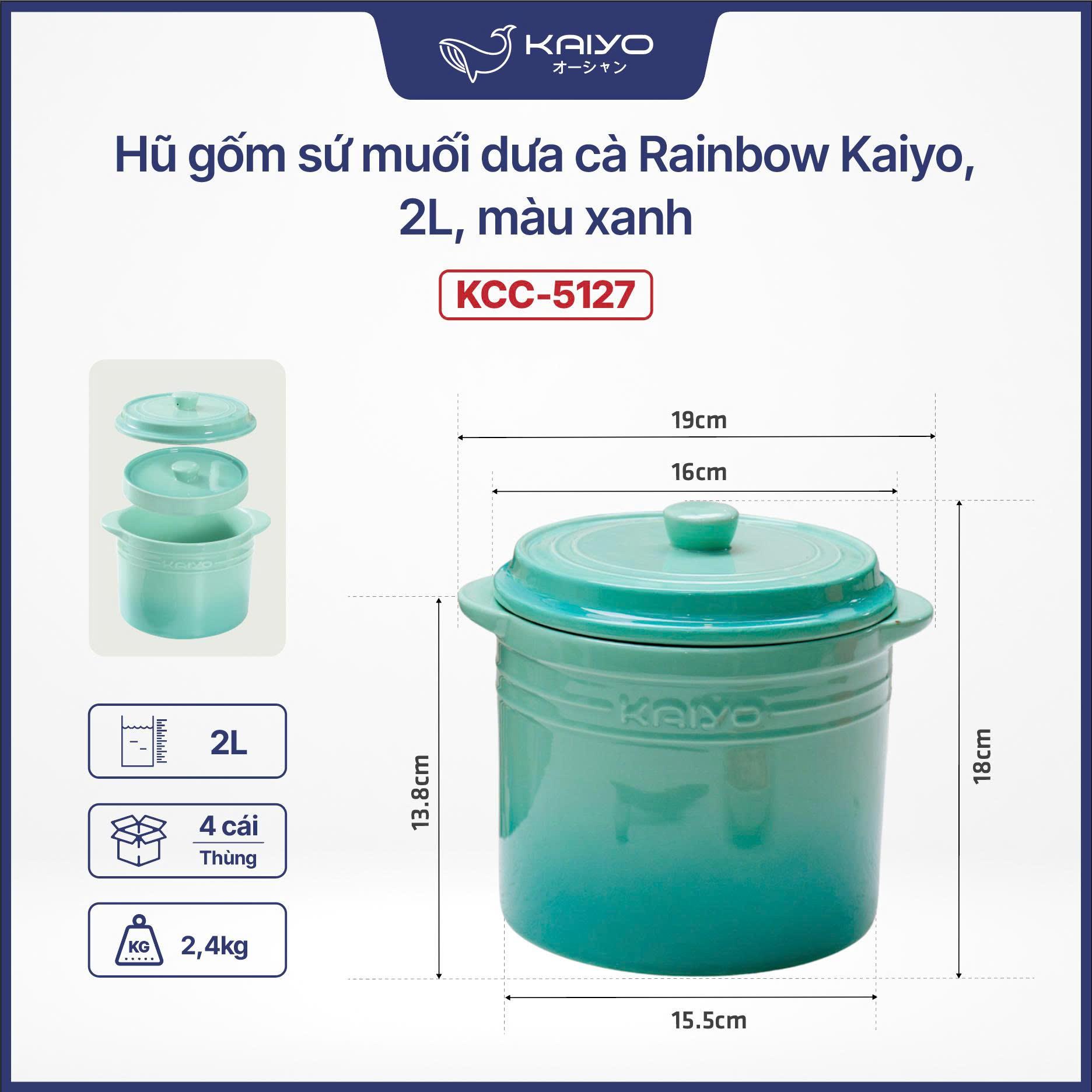 Hũ gốm sứ muối dưa và Rainbow Kaiyo, 2L, màu xanh KCC-5127