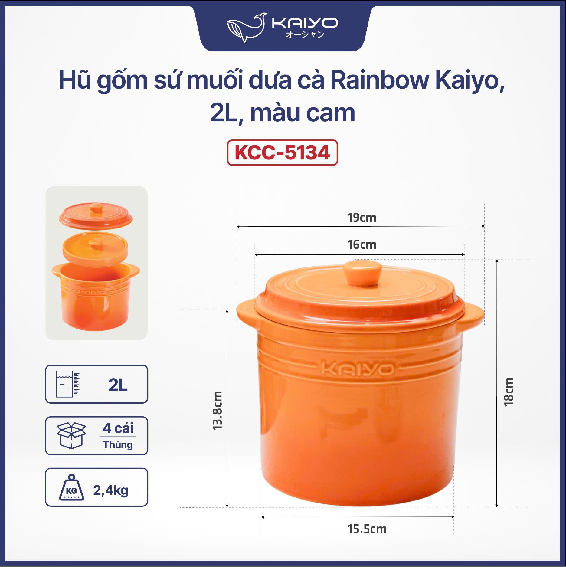 Hũ gốm sứ muối dưa và Rainbow Kaiyo, 2L, màu Cam KCC-5134