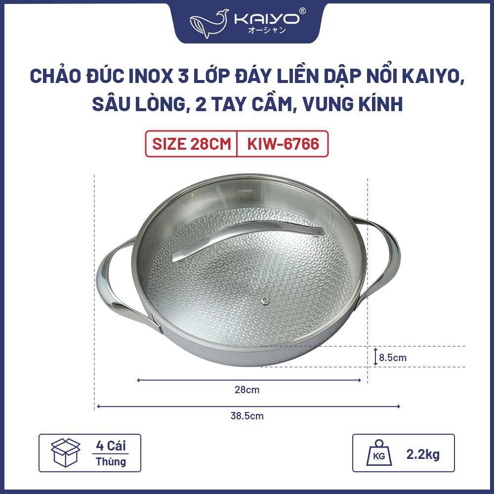 Chảo đúc inox 3 lớp đáy liền dập nổi Kaiyo, sâu lòng 2 tay cầm, vung kính size 28cm KIW-6766