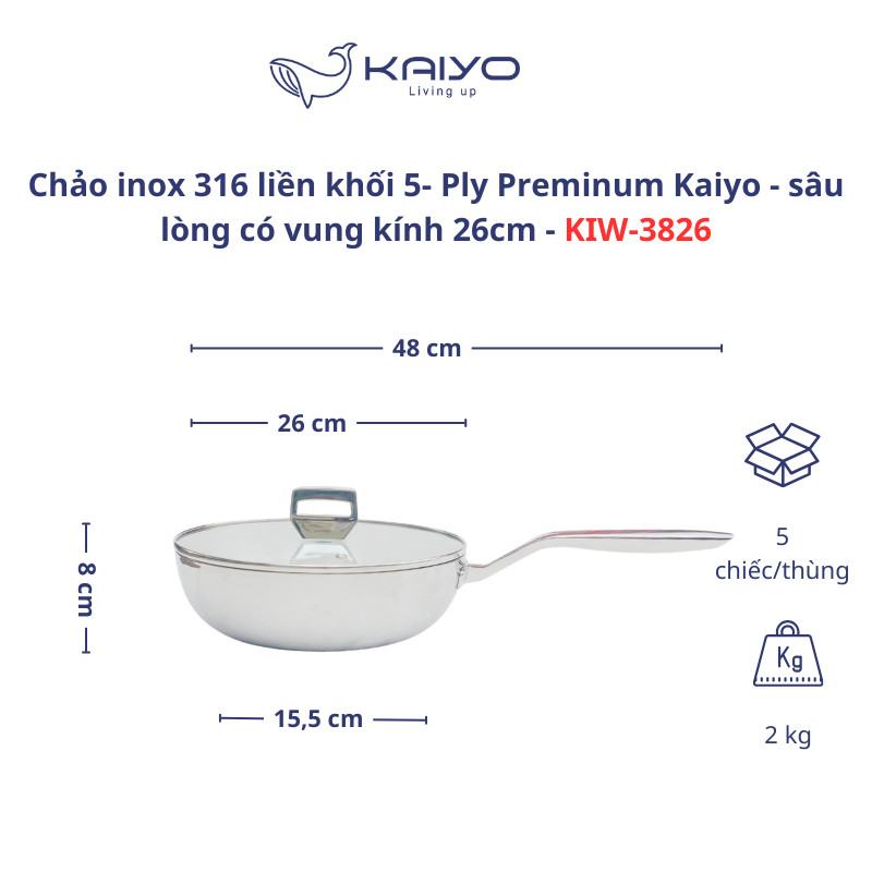 Chảo inox 316 liền khối 5-Ply Premium Kaiyo sz26cm KIW3826- sâu lòng có vung kính